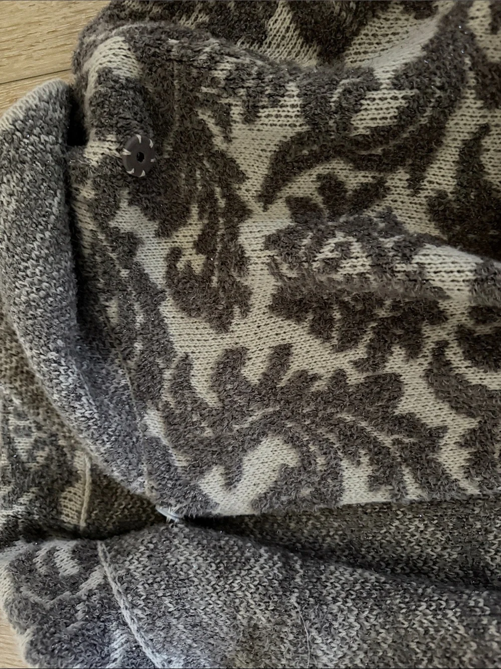 Chico's | Brown/Cream Floral Jacquard | Open Front Funnel Neck Sweater | size 1